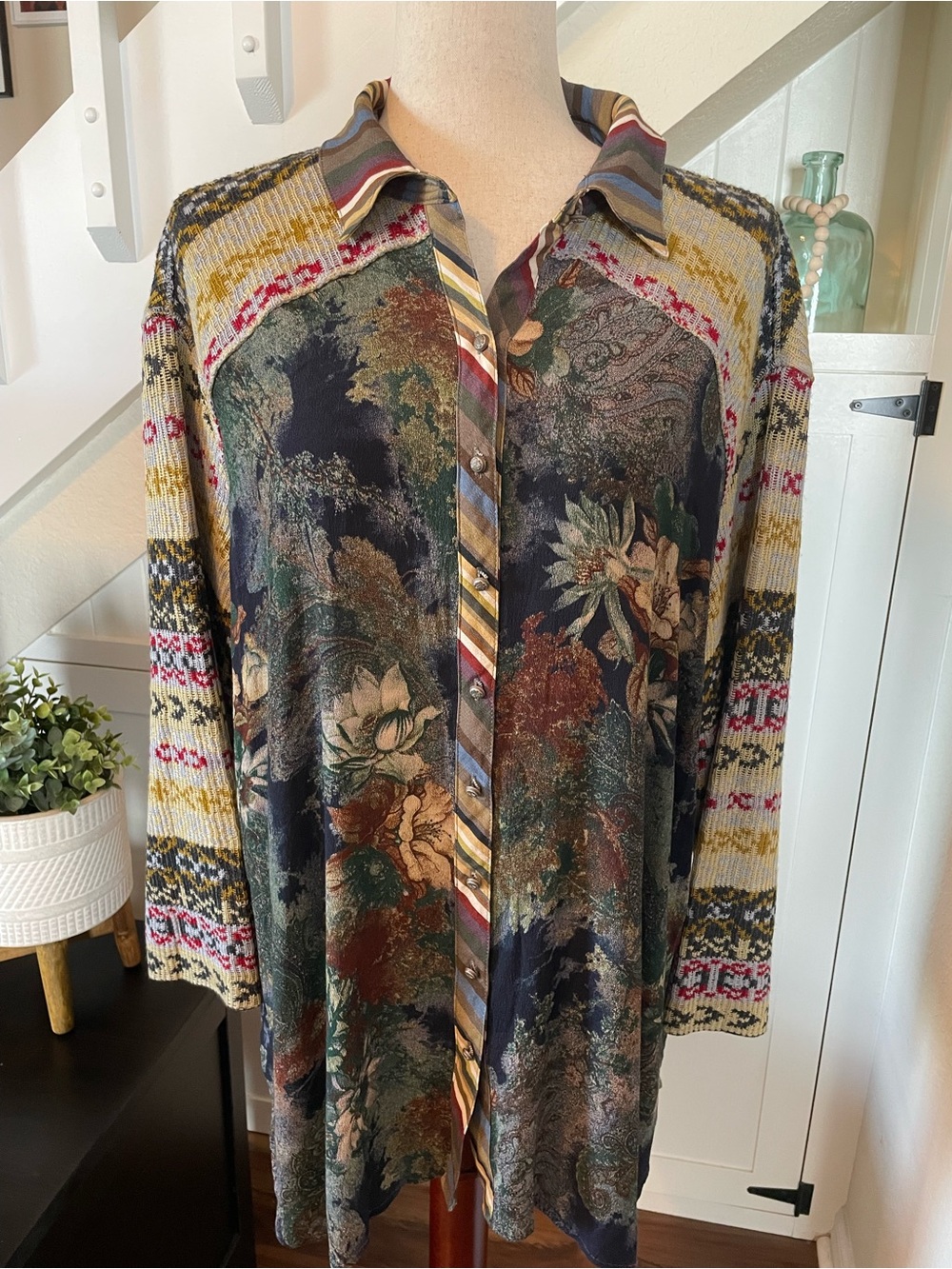 John Mark Mixed Media Patchwork Button Down Blouse 1X Boho Tunic